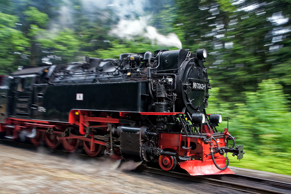 Steam locomotive in motion (panned shot)